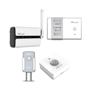 Milesight LoRaWAN Starter Kit contents: UG65 gateway, AM103 ambience sensor, EM500-CO2 sensor and WS202 PIR & light sensor