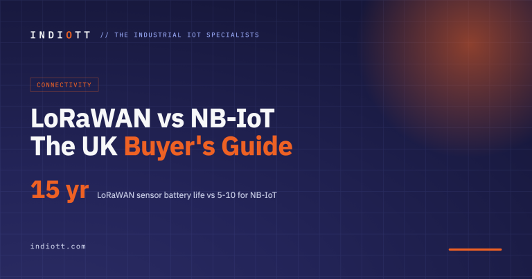 LoRaWAN versus NB-IoT buyer's guide title card comparing 15-year LoRaWAN sensor battery life against 5 to 10 years for NB-IoT