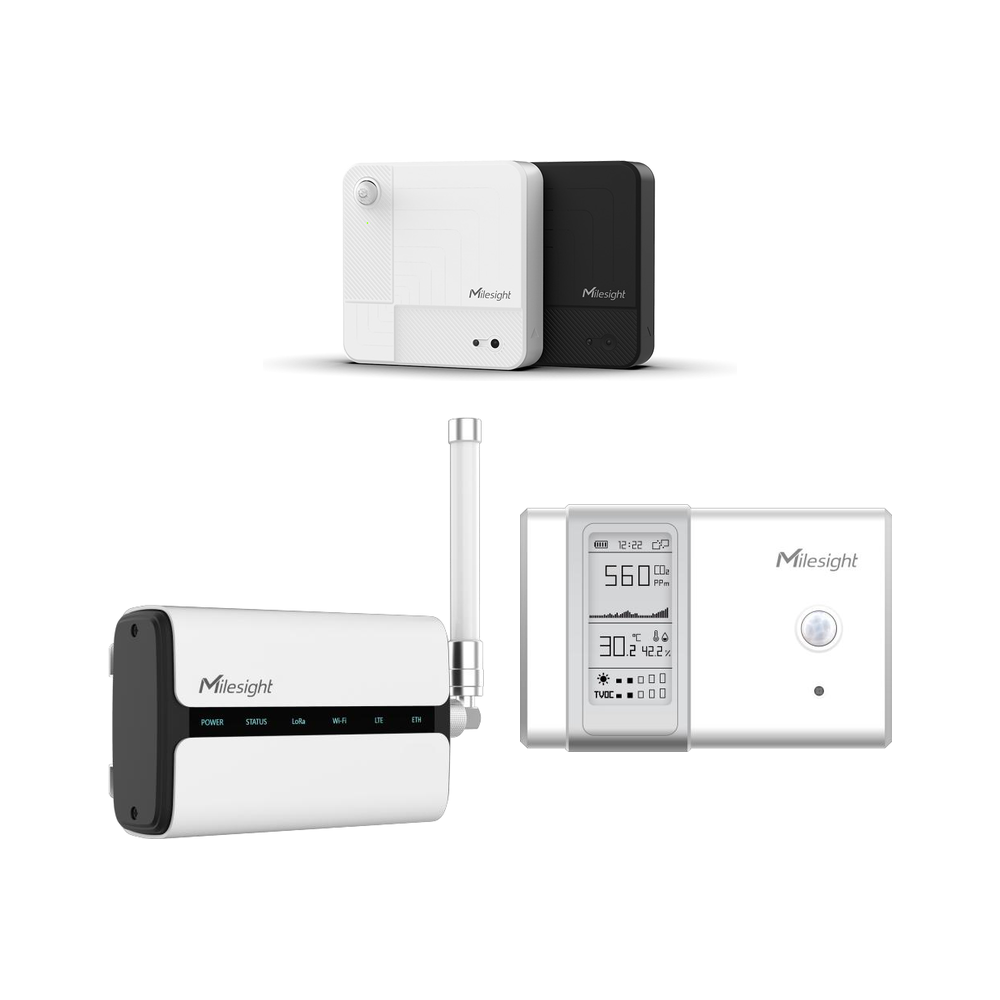 Milesight Smart Building Occupancy Kit contents: VS321 AI workplace occupancy sensor, UG65 gateway and AM103 indoor ambience sensor